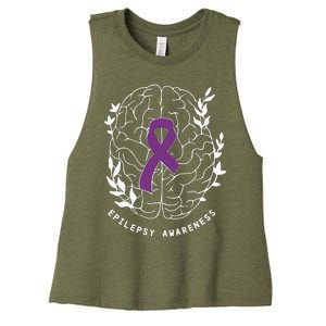 Epilepsy Awareness Ribbon Purple Epilepsy Brain Grahpic Women's Racerback Cropped Tank