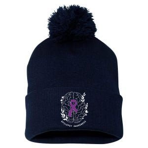 Epilepsy Awareness Ribbon Purple Epilepsy Brain Grahpic Pom Pom 12in Knit Beanie