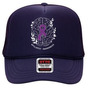 Epilepsy Awareness Ribbon Purple Epilepsy Brain Grahpic High Crown Mesh Back Trucker Hat