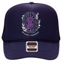 Epilepsy Awareness Ribbon Purple Epilepsy Brain Grahpic High Crown Mesh Back Trucker Hat