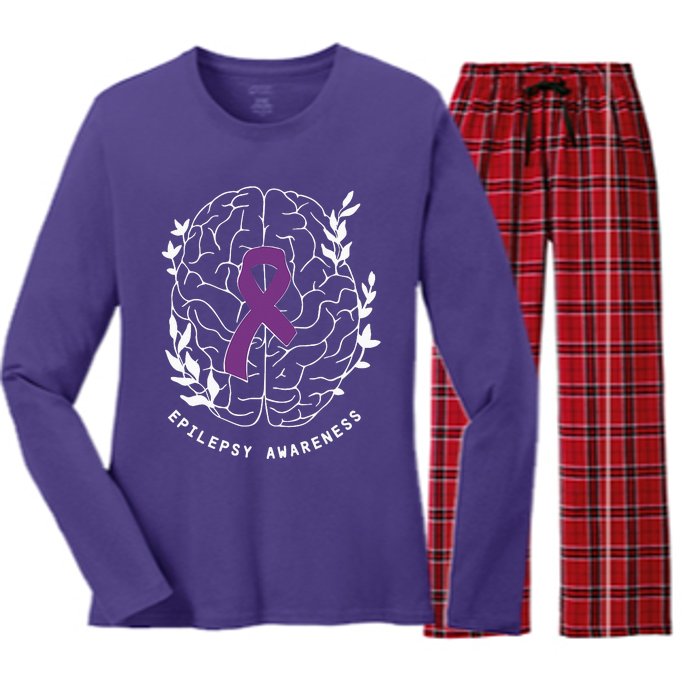 Epilepsy Awareness Ribbon Purple Epilepsy Brain Grahpic Women's Long Sleeve Flannel Pajama Set 