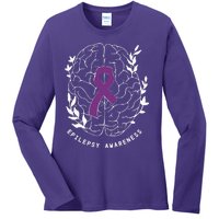 Epilepsy Awareness Ribbon Purple Epilepsy Brain Grahpic Ladies Long Sleeve Shirt