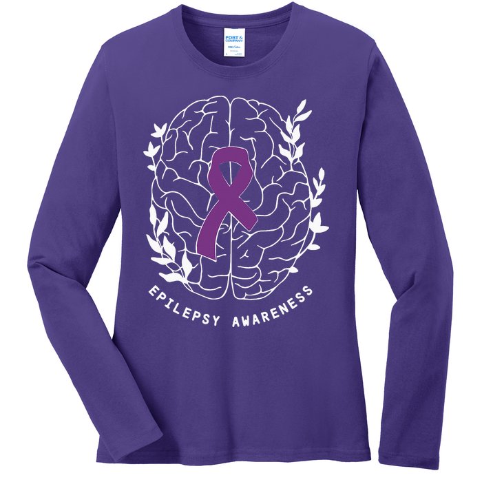 Epilepsy Awareness Ribbon Purple Epilepsy Brain Grahpic Ladies Long Sleeve Shirt