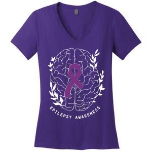 Epilepsy Awareness Ribbon Purple Epilepsy Brain Grahpic Women's V-Neck T-Shirt