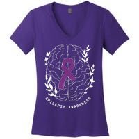 Epilepsy Awareness Ribbon Purple Epilepsy Brain Grahpic Women's V-Neck T-Shirt