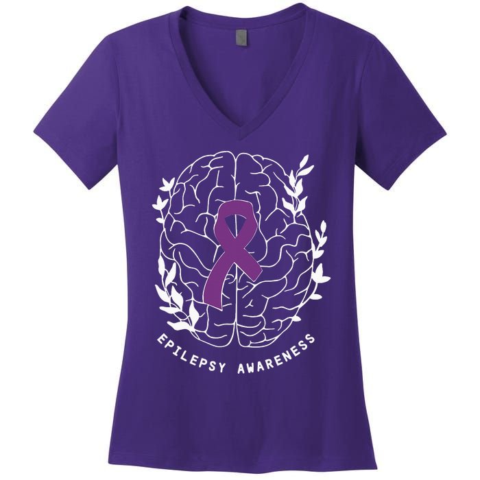 Epilepsy Awareness Ribbon Purple Epilepsy Brain Grahpic Women's V-Neck T-Shirt