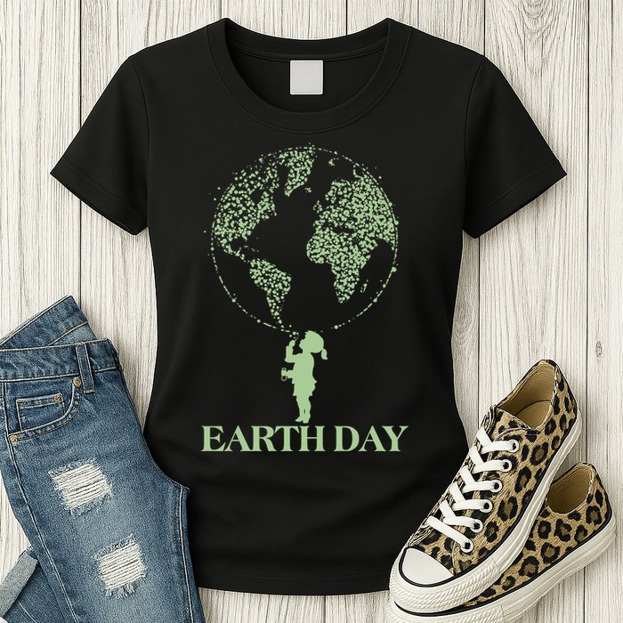 Earth Day Child Blowing Bubbles Earth  Womens T-Shirt