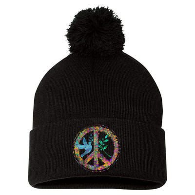 Earth Watercolor Peace Sign Pom Pom 12in Knit Beanie