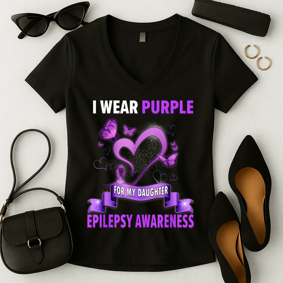 Epilepsy Awareness S I Wear Purple For My Daughter Women's V-Neck T-Shirt