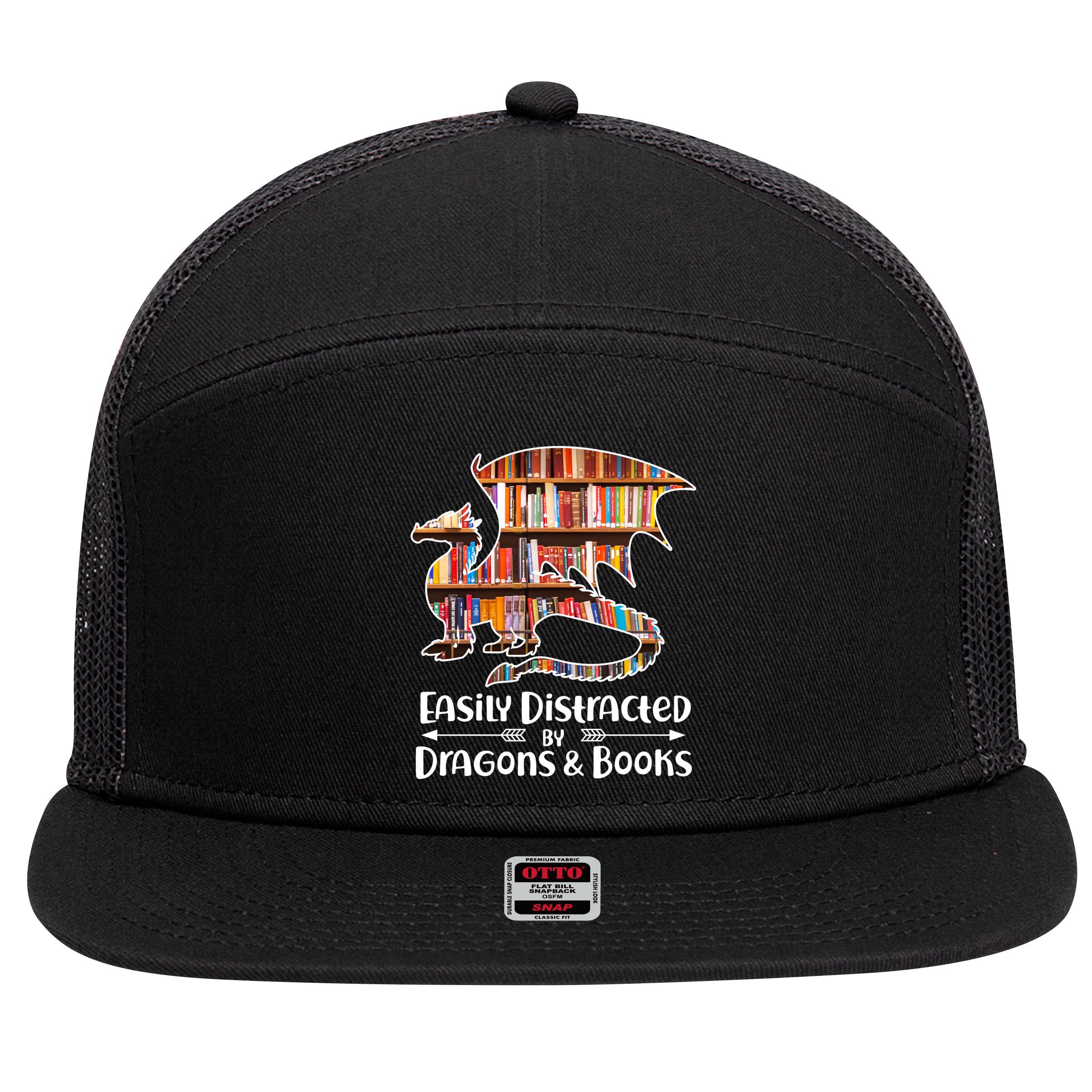 Easily Distracted By Dragons And Books 7 Panel Mesh Trucker Snapback Hat