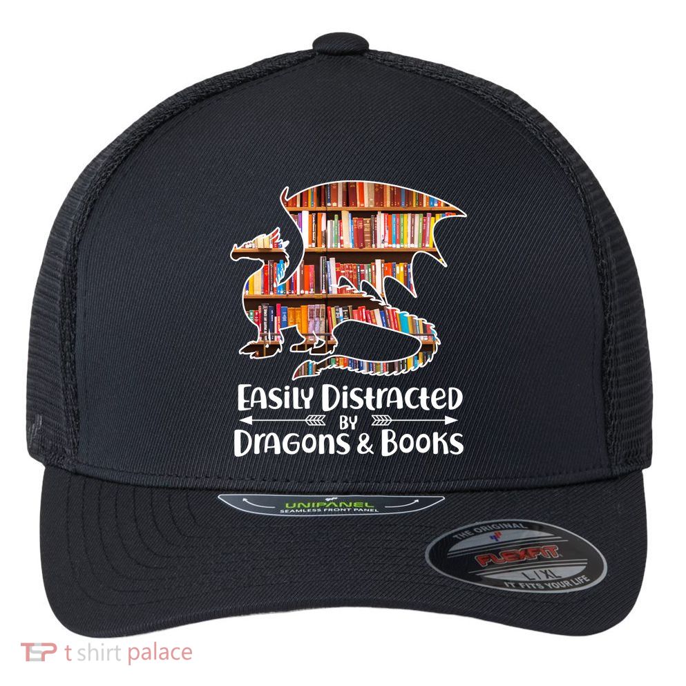 Easily Distracted By Dragons And Books Flexfit Unipanel Trucker Cap