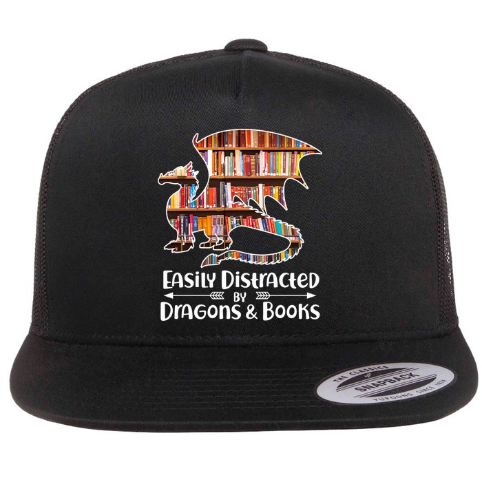 Easily Distracted By Dragons And Books Flat Bill Trucker Hat