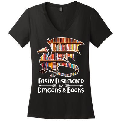Easily Distracted By Dragons And Books Women's V-Neck T-Shirt