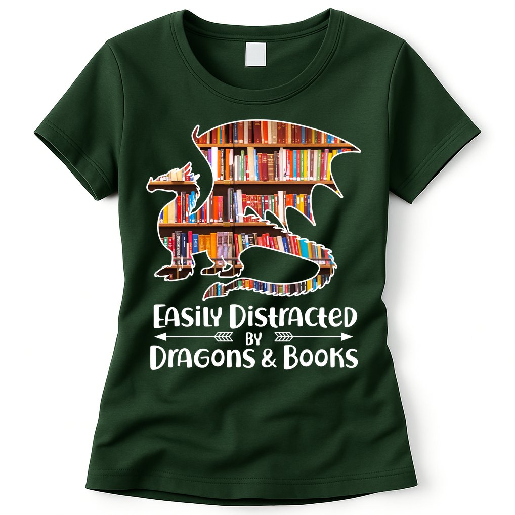 Easily Distracted By Dragons And Books Womens T-Shirt