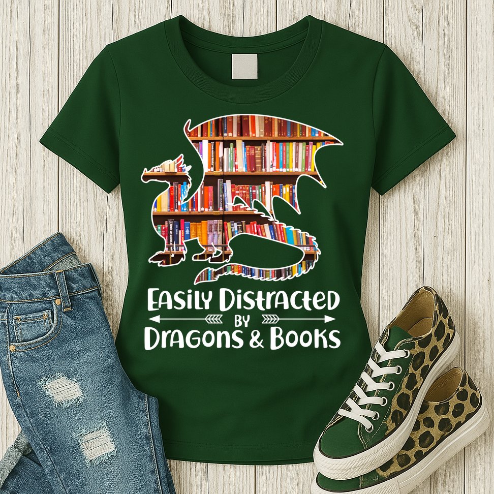 Easily Distracted By Dragons And Books Womens T-Shirt