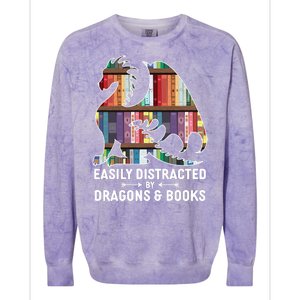 Easily Distracted By Dragons and Books Fantasy Book Lover Colorblast Crewneck Sweatshirt