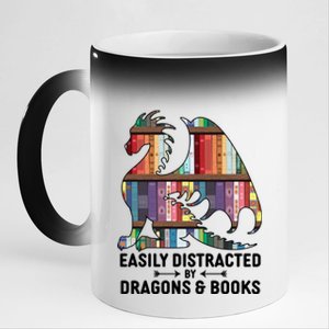 Easily Distracted By Dragons and Books Fantasy Book Lover 11oz Black Color Changing Mug