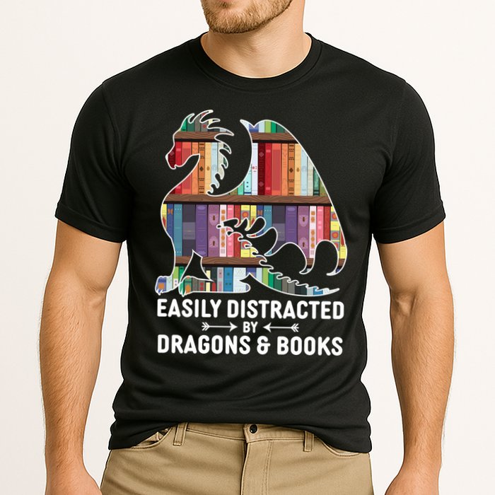 Easily Distracted By Dragons and Books Fantasy Book Lover Performance Shirt
