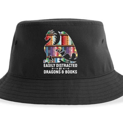 Easily Distracted By Dragons and Books Fantasy Book Lover Sustainable Bucket Hat