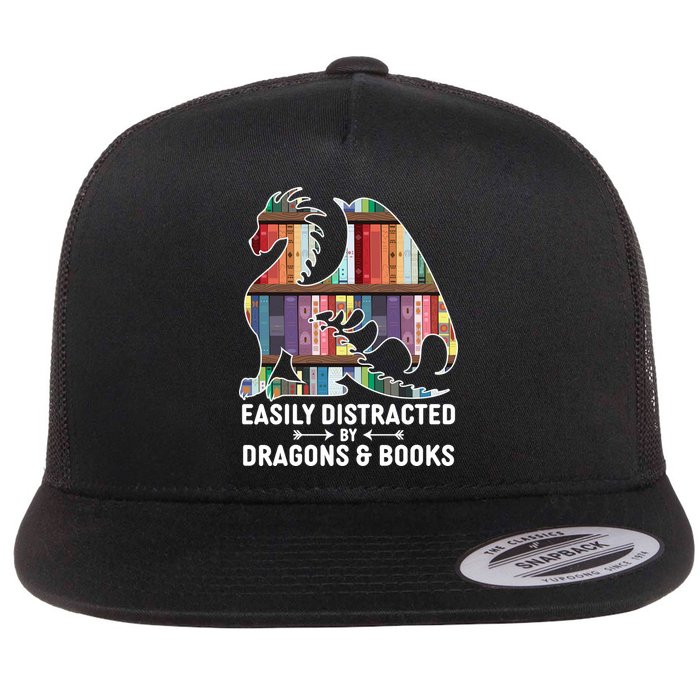 Easily Distracted By Dragons and Books Fantasy Book Lover Flat Bill Trucker Hat