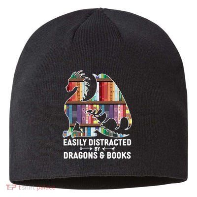 Easily Distracted By Dragons and Books Fantasy Book Lover Sustainable Beanie