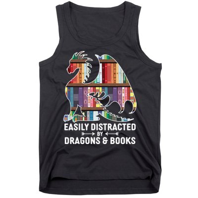 Easily Distracted By Dragons and Books Fantasy Book Lover Tank Top