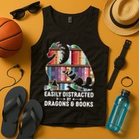 Easily Distracted By Dragons and Books Fantasy Book Lover Tank Top