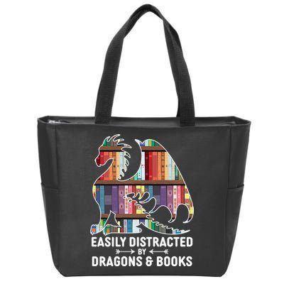 Easily Distracted By Dragons and Books Fantasy Book Lover Zip Tote Bag