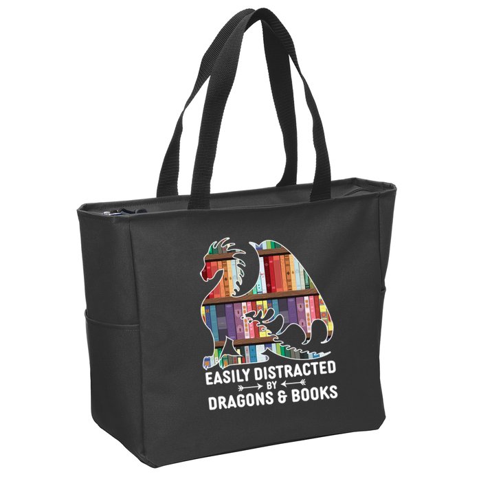 Easily Distracted By Dragons and Books Fantasy Book Lover Zip Tote Bag
