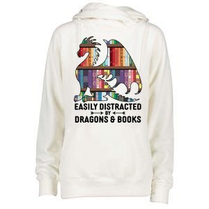 Easily Distracted By Dragons and Books Fantasy Book Lover Womens Funnel Neck Pullover Hood