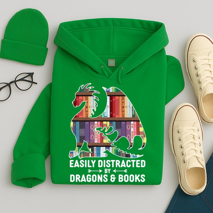 Easily Distracted By Dragons and Books Fantasy Book Lover Hoodie