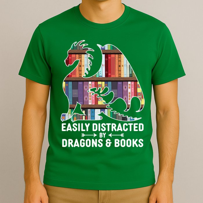 Easily Distracted By Dragons and Books Fantasy Book Lover T-Shirt