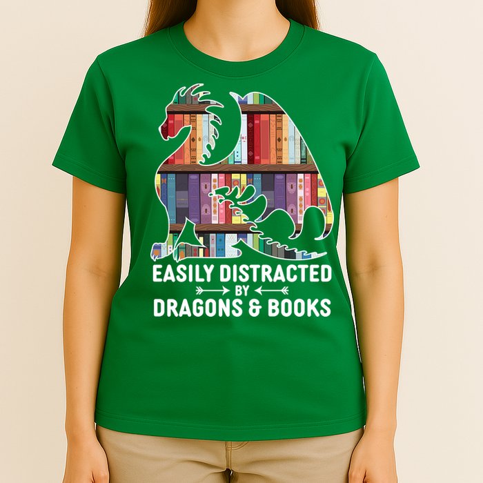 Easily Distracted By Dragons and Books Fantasy Book Lover T-Shirt