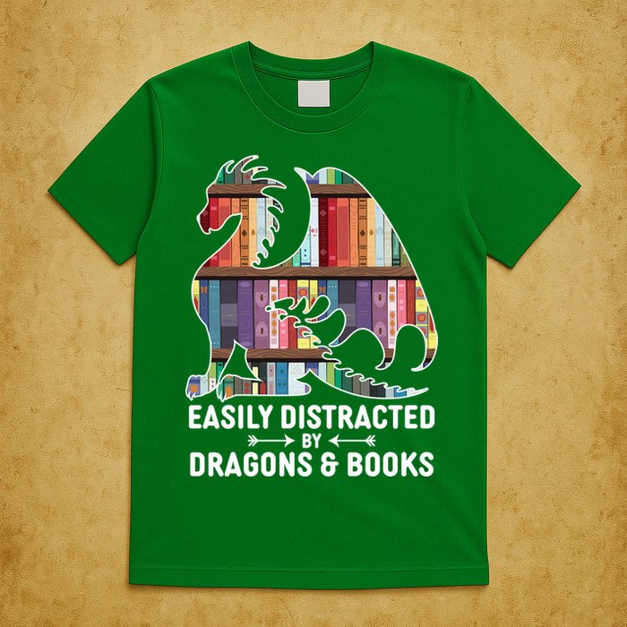 Easily Distracted By Dragons and Books Fantasy Book Lover T-Shirt