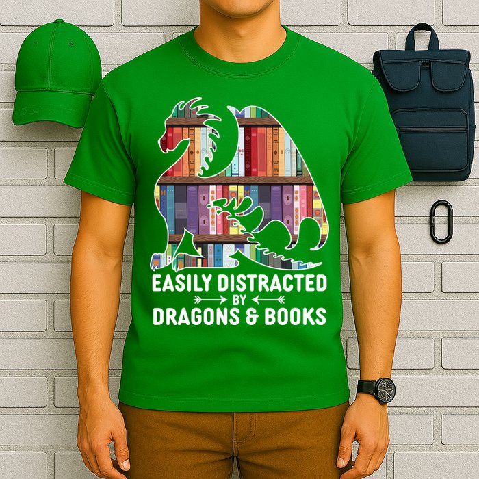 Easily Distracted By Dragons and Books Fantasy Book Lover T-Shirt