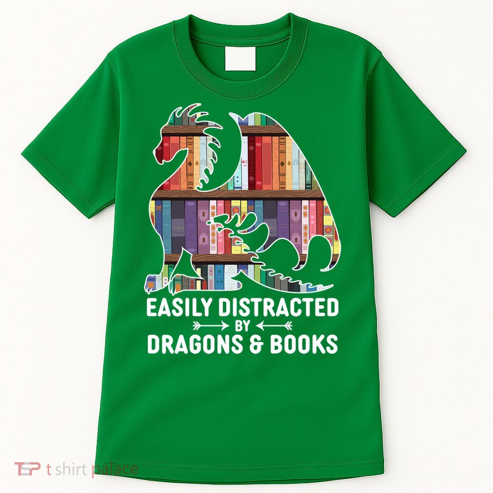 Easily Distracted By Dragons and Books Fantasy Book Lover Tall T-Shirt