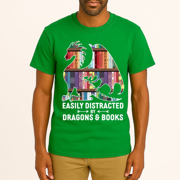 Easily Distracted By Dragons and Books Fantasy Book Lover Tall T-Shirt