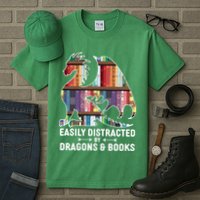 Easily Distracted By Dragons and Books Fantasy Book Lover Tall T-Shirt