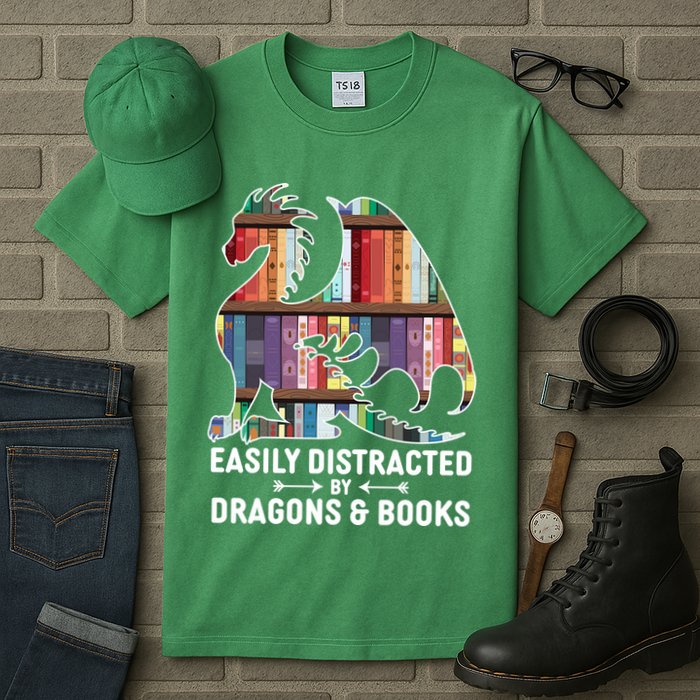 Easily Distracted By Dragons and Books Fantasy Book Lover Tall T-Shirt