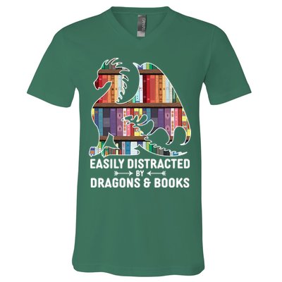 Easily Distracted By Dragons and Books Fantasy Book Lover V-Neck T-Shirt