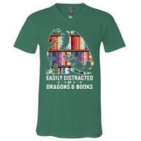 Easily Distracted By Dragons and Books Fantasy Book Lover V-Neck T-Shirt