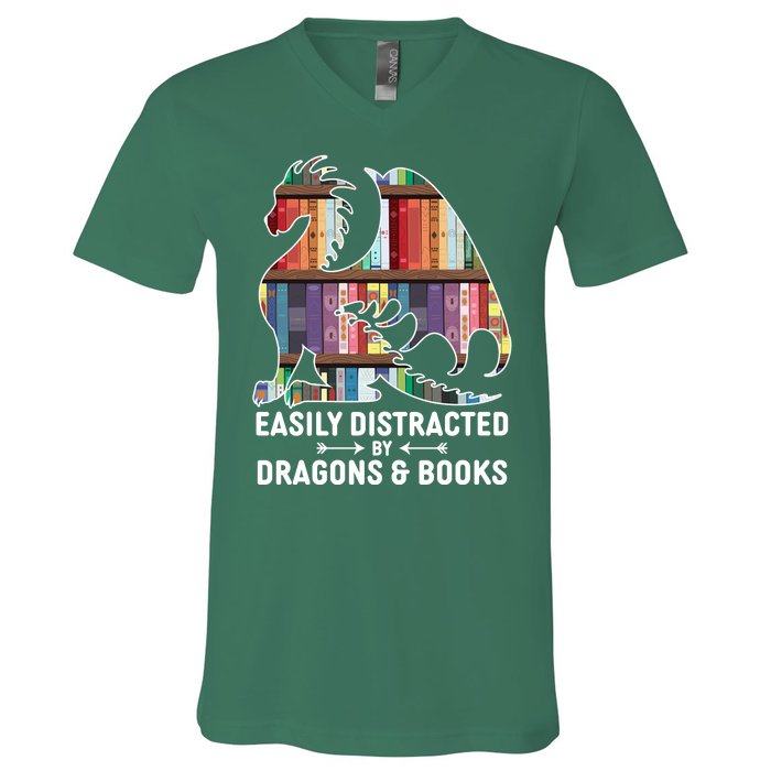 Easily Distracted By Dragons and Books Fantasy Book Lover V-Neck T-Shirt