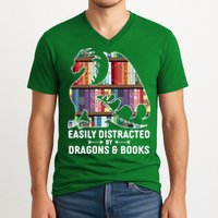 Easily Distracted By Dragons and Books Fantasy Book Lover V-Neck T-Shirt