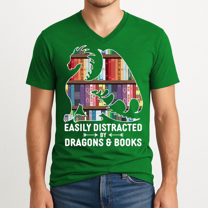 Easily Distracted By Dragons and Books Fantasy Book Lover V-Neck T-Shirt