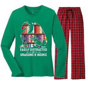 Easily Distracted By Dragons and Books Fantasy Book Lover Women's Long Sleeve Flannel Pajama Set 