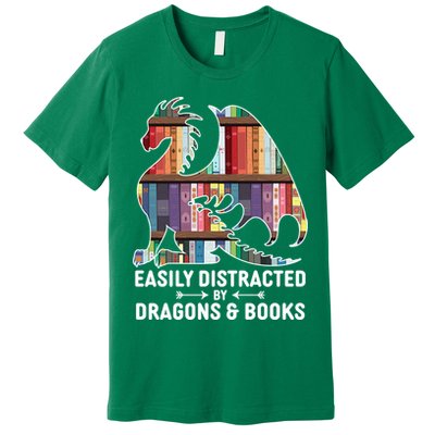 Easily Distracted By Dragons and Books Fantasy Book Lover Premium T-Shirt