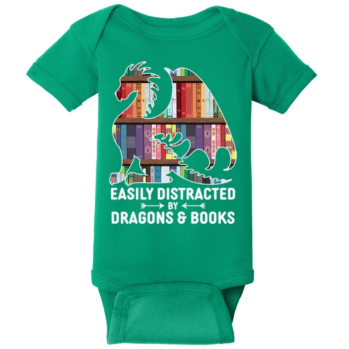 Easily Distracted By Dragons and Books Fantasy Book Lover Baby Bodysuit
