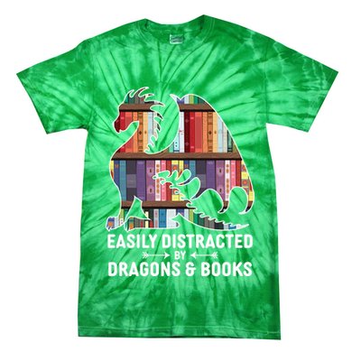 Easily Distracted By Dragons and Books Fantasy Book Lover Tie-Dye T-Shirt