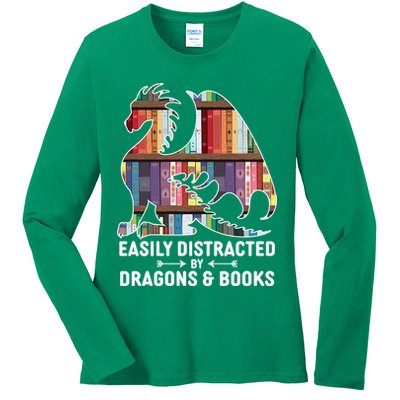 Easily Distracted By Dragons and Books Fantasy Book Lover Ladies Long Sleeve Shirt
