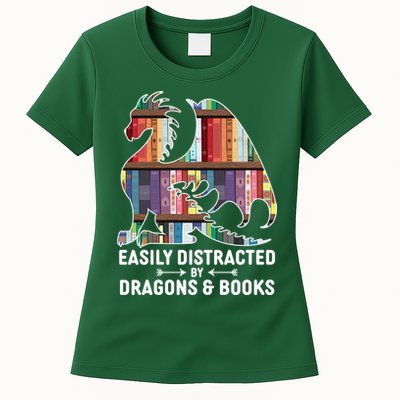 Easily Distracted By Dragons and Books Fantasy Book Lover Womens T-Shirt